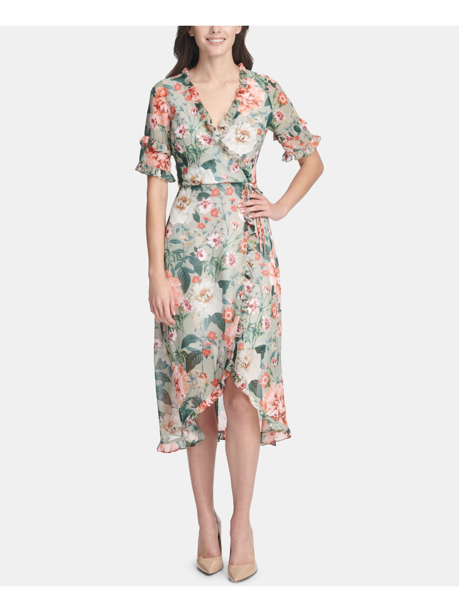 KENSIE Womens Green Floral Short Sleeve V Neck Midi Wrap Dress Wear To Work Dress  Size 14 - Walmart.com